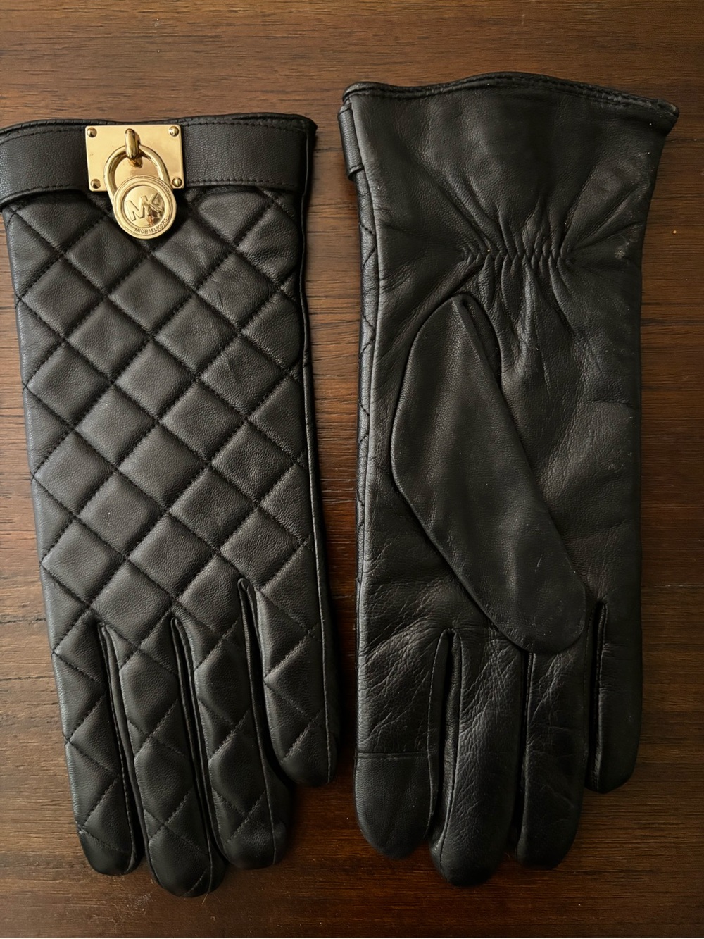 Michael Kors Quilted Black Leather Gloves with Logo Charm